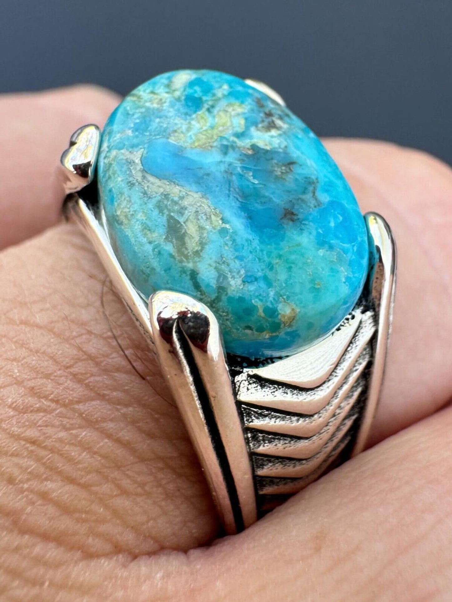 Blue Genuine Turquoise Mens Real Solid 925 Sterling Silver Signet Oval Ring