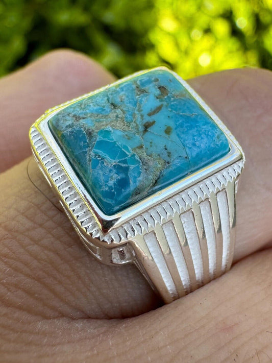 Blue Genuine Turquoise Stone Mens Real 925 Silver Ring Size 6 7 8 9 10 11 12 13