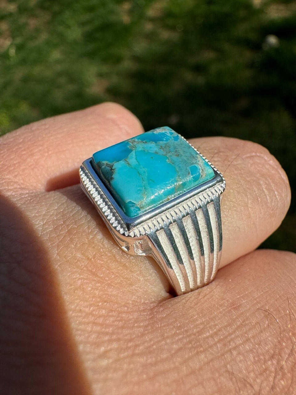 Blue Genuine Turquoise Stone Mens Real 925 Silver Ring Size 6 7 8 9 10 11 12 13