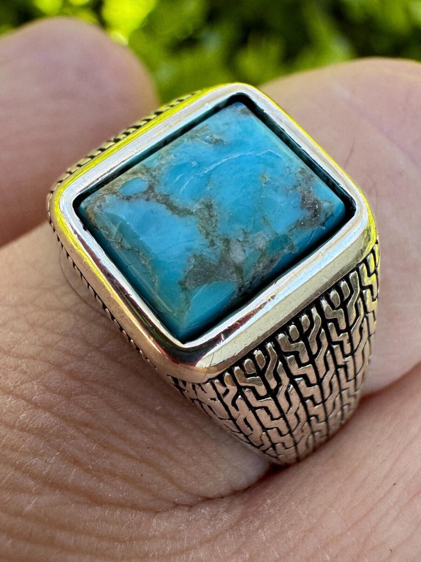 Blue Turquoise Mens Real Solid 925 Silver Navajo Native American Inspired Ring