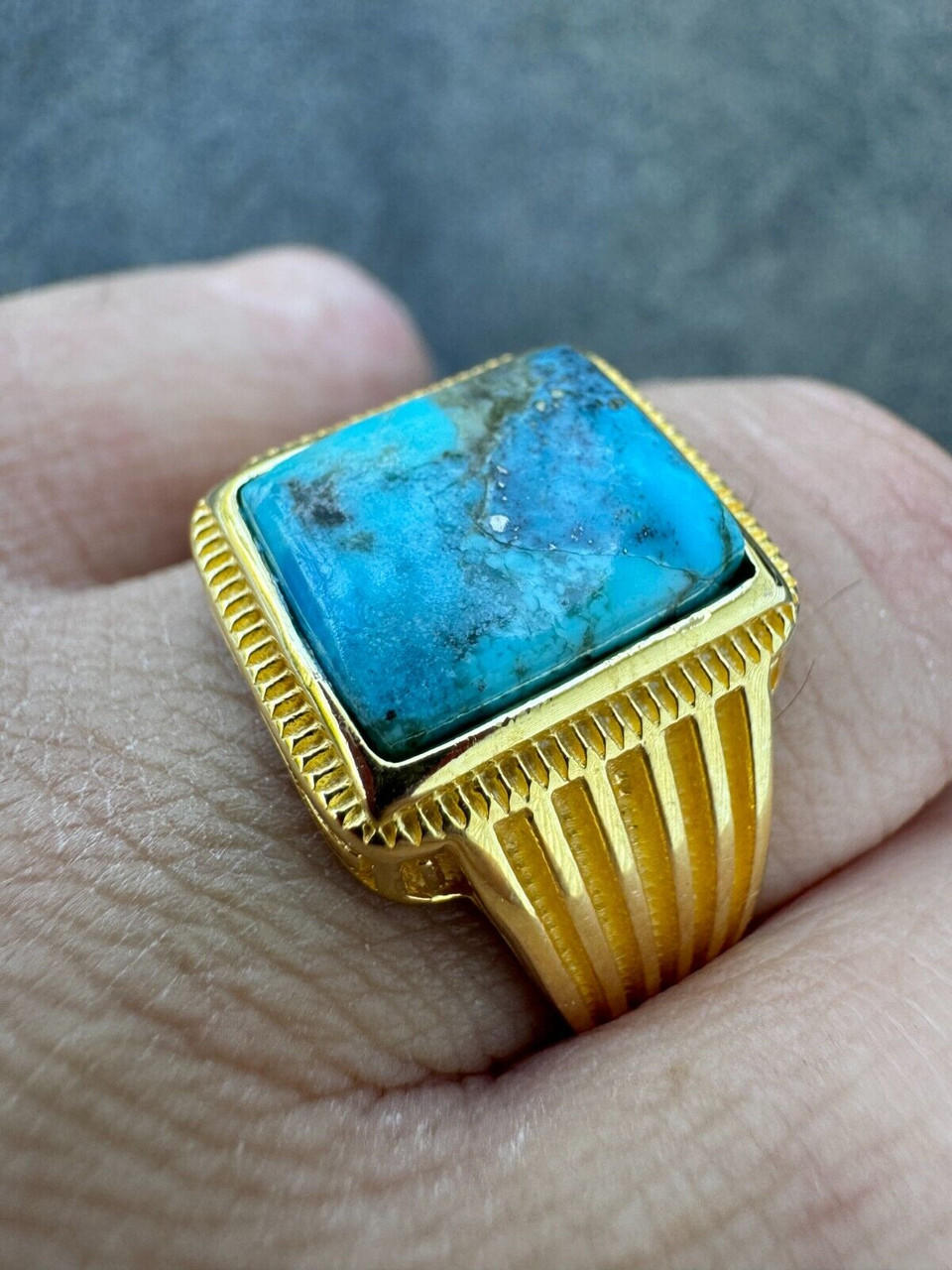 Blue Turquoise Ring Genuine Gemstone Mens Real 14k Gold Over 925 Sterling Silver