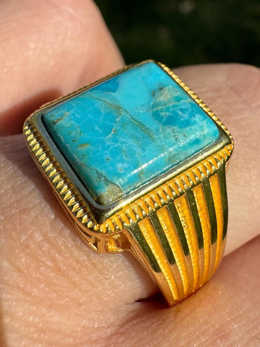 Blue Turquoise Ring Genuine Gemstone Mens Real 14k Gold Over 925 Sterling Silver