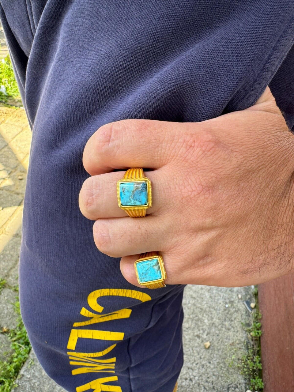 Blue Turquoise Ring Genuine Gemstone Mens Real 14k Gold Over 925 Sterling Silver