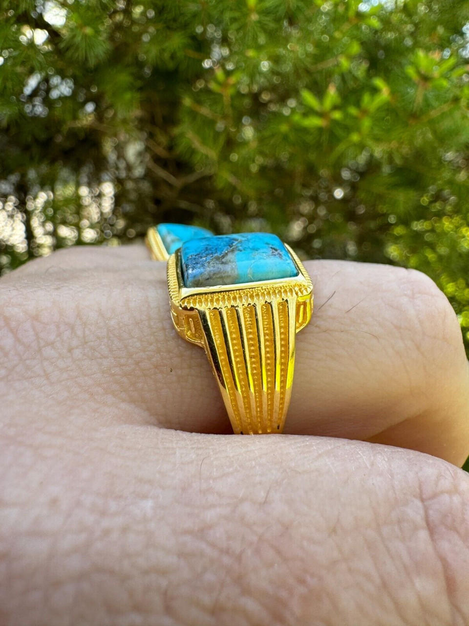 Blue Turquoise Ring Genuine Gemstone Mens Real 14k Gold Over 925 Sterling Silver