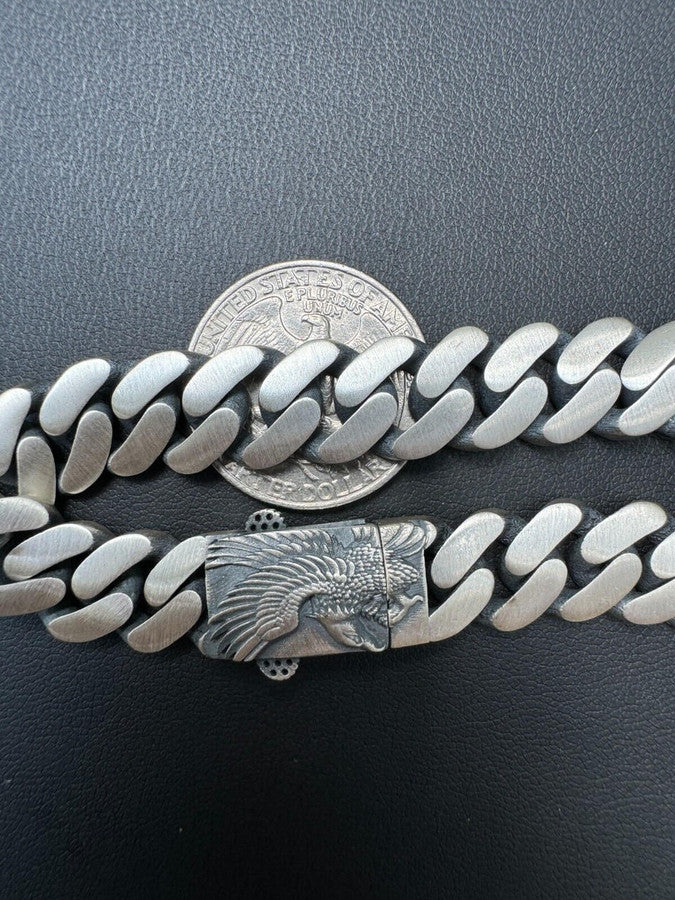 Custom Eagle Lock Miami Cuban Link Bracelet 12mm Real 925 Silver Oxidized Finish