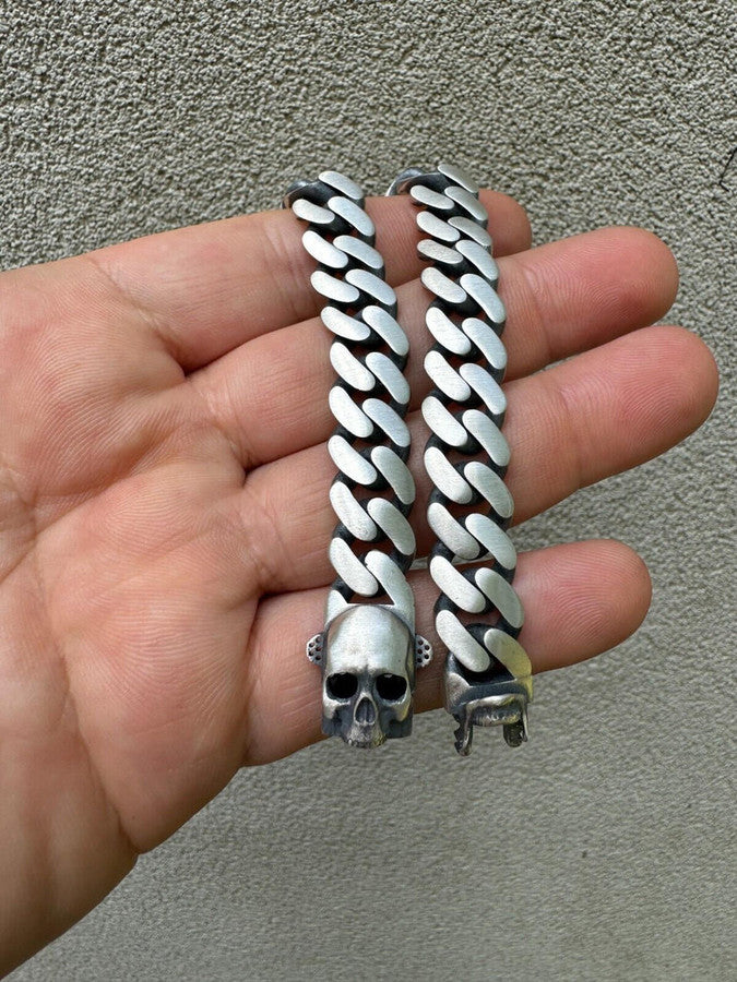 Custom Skull Lock Miami Cuban Link Bracelet 12mm Real 925 Silver Oxidized Finish