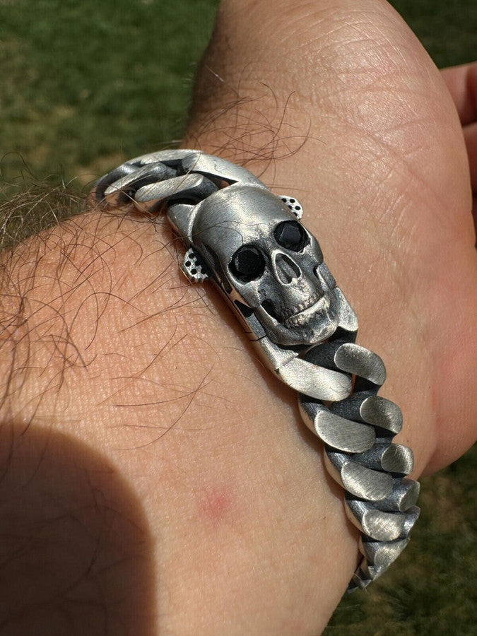 Custom Skull Lock Miami Cuban Link Bracelet 12mm Real 925 Silver Oxidized Finish