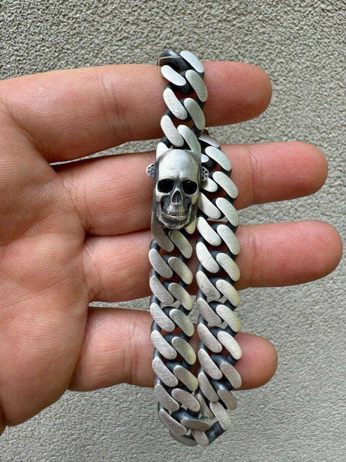 Custom Skull Lock Miami Cuban Link Bracelet 12mm Real 925 Silver Oxidized Finish