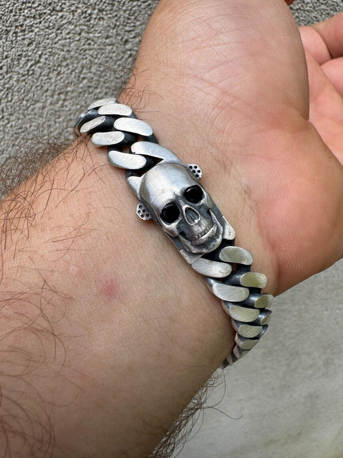 Custom Skull Lock Miami Cuban Link Bracelet 12mm Real 925 Silver Oxidized Finish