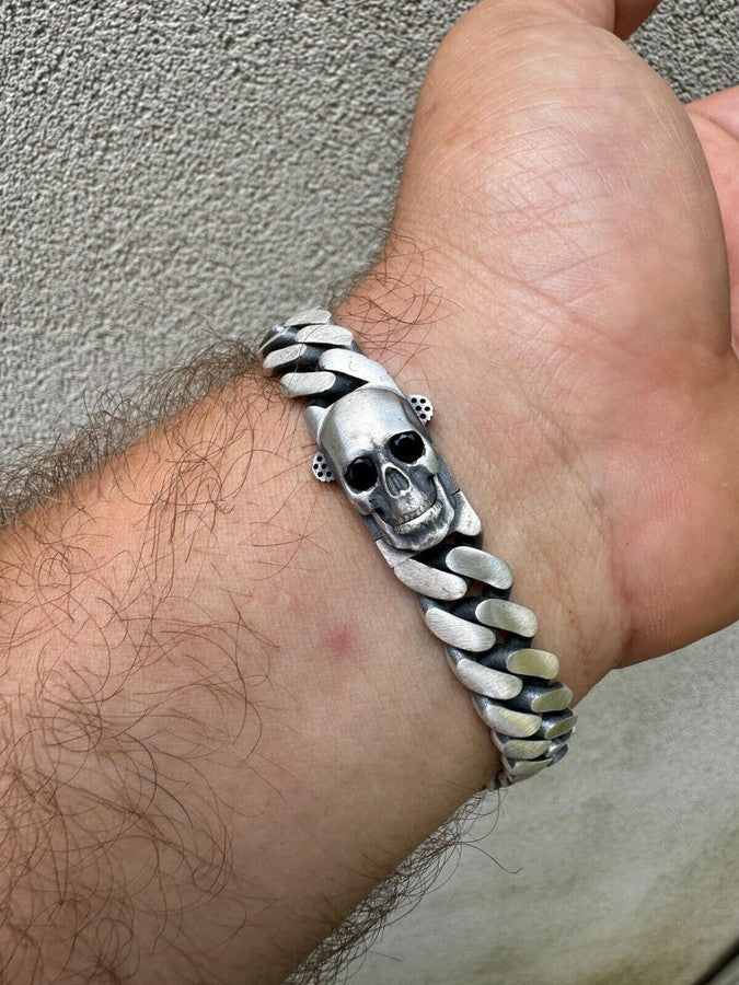 Custom Skull Lock Miami Cuban Link Bracelet 12mm Real 925 Silver Oxidized Finish