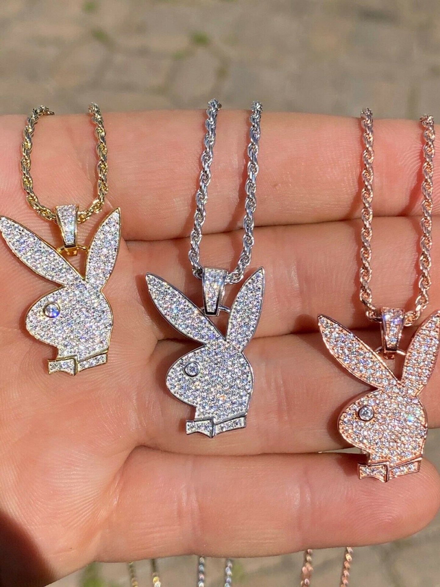 Playboy Bunny Pendant - Iced Diamond Real 925 Silver Gold Rose Necklace