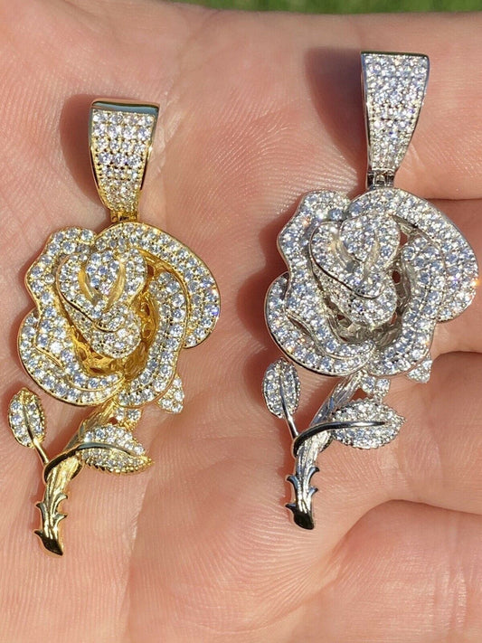 Ladies Solid 925 Silver Rose Flower Pendant Necklace Iced Gold Diamond