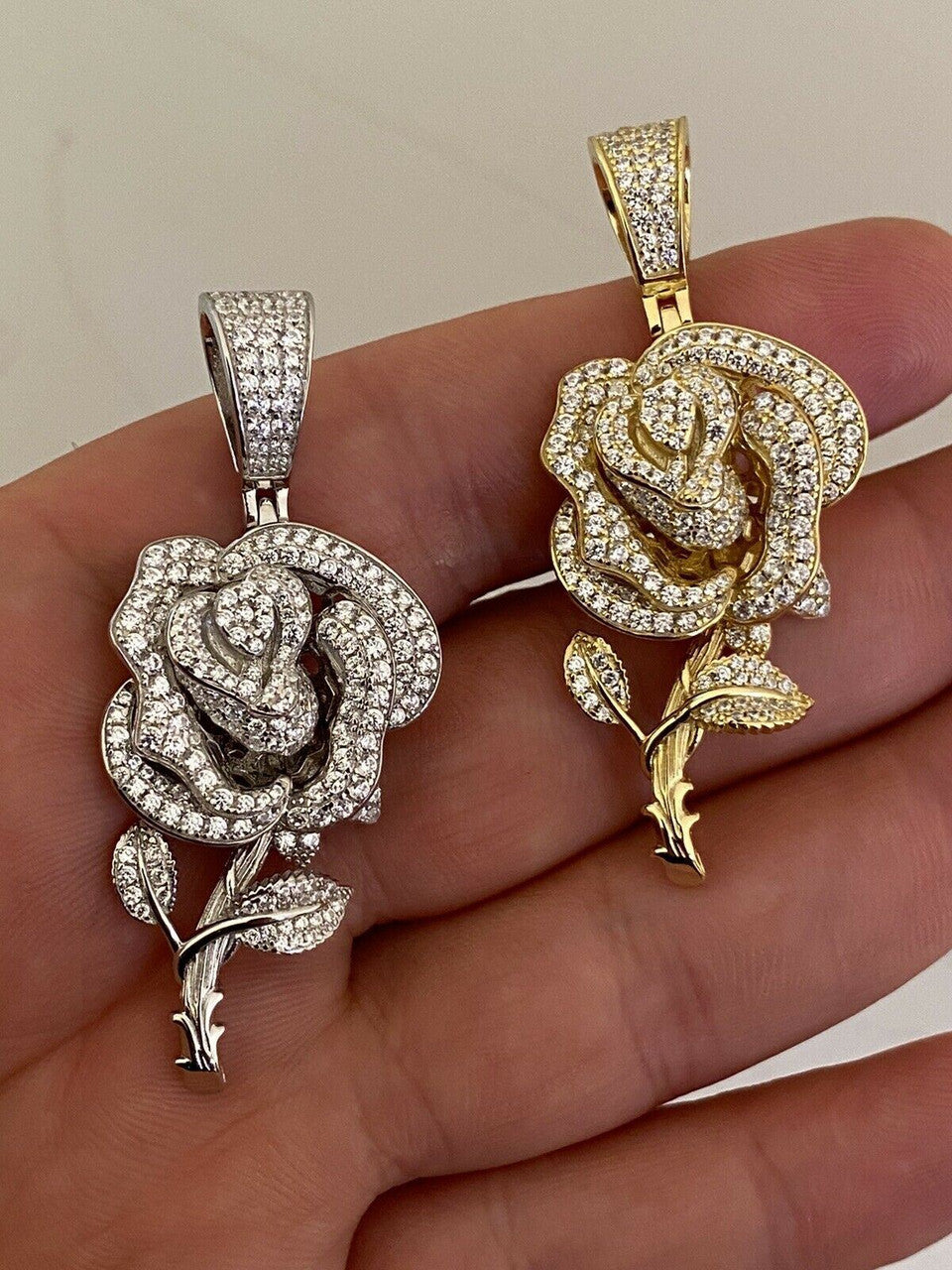 Ladies Solid 925 Silver Rose Flower Pendant Necklace Iced Gold Diamond