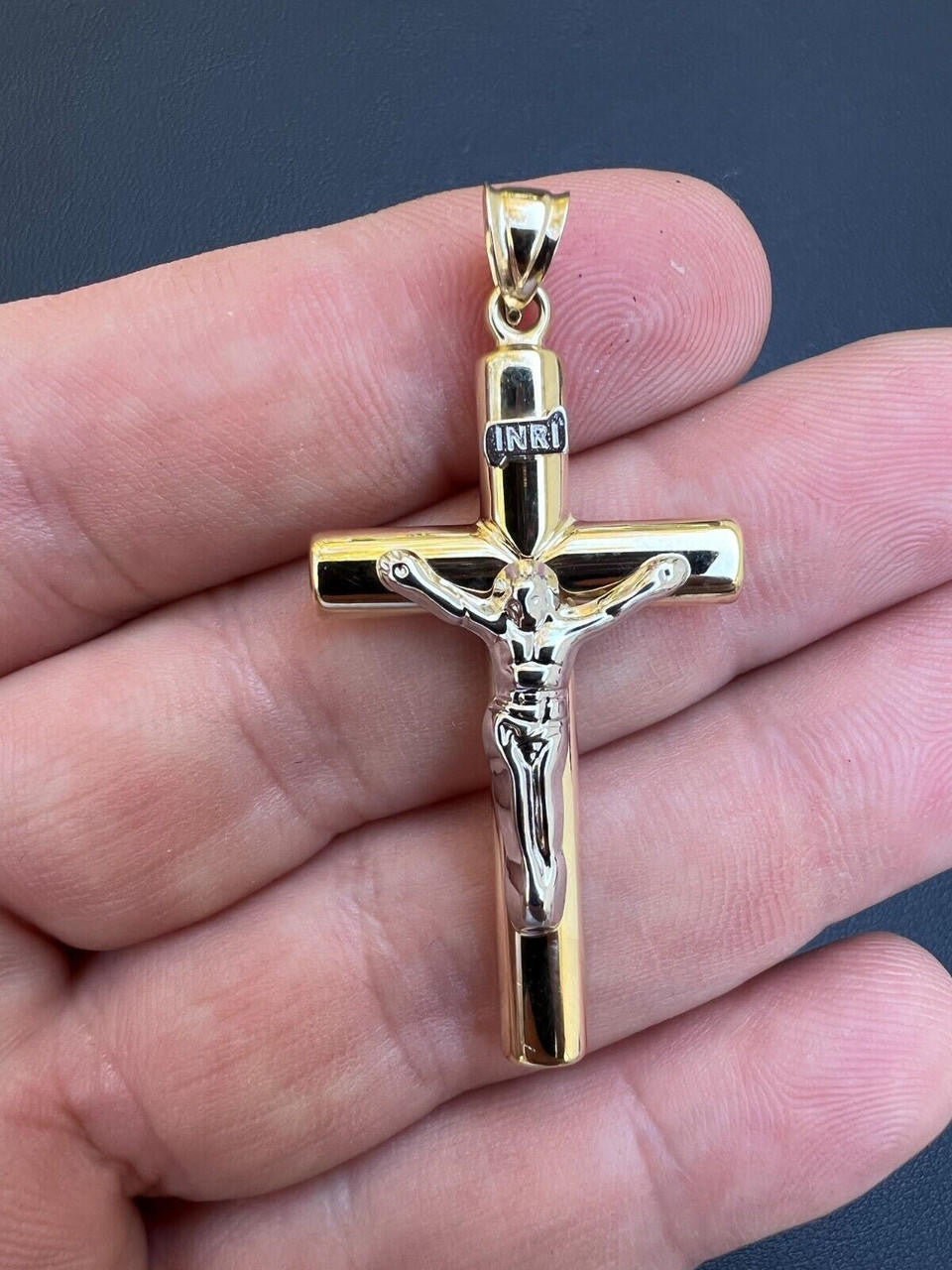 Large 1.85" Real 14k Yellow & White Gold Cross Jesus Crucifix Pendant Necklace