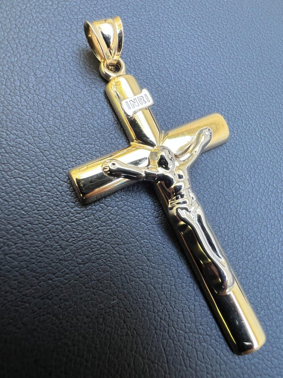 Large 1.85" Real 14k Yellow & White Gold Cross Jesus Crucifix Pendant Necklace