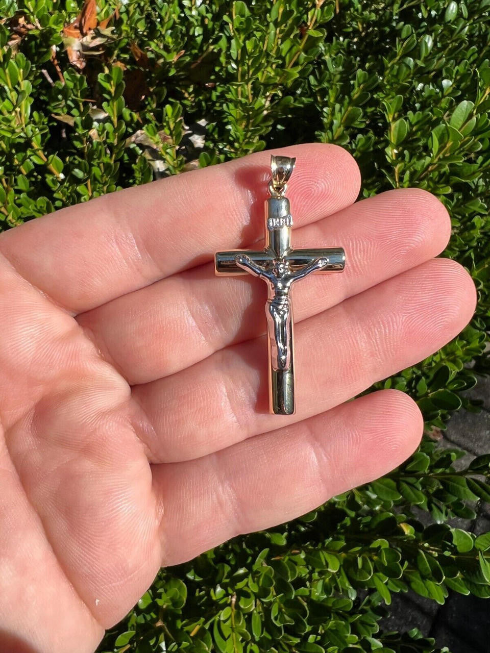 Large 1.85" Real 14k Yellow & White Gold Cross Jesus Crucifix Pendant Necklace