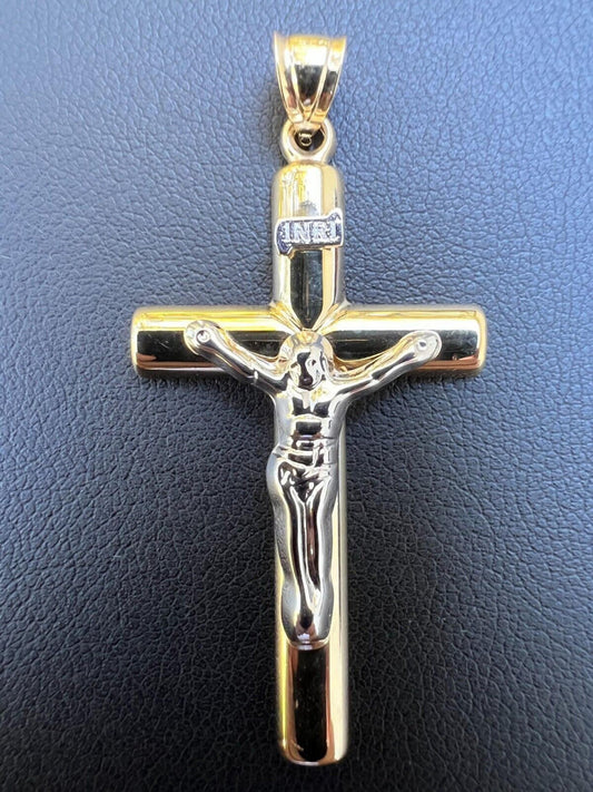 Large 1.85" Real 14k Yellow & White Gold Cross Jesus Crucifix Pendant Necklace