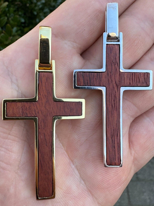 Large Mens Real 925 Silver & Wood Inlay Plain Religious Cross Pendant Necklace