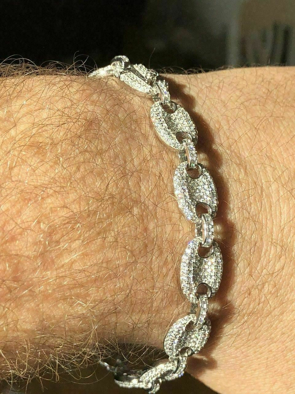 Mens 10mm Puffed Gucci Link Bracelet Real Solid 925 Sterling Silver Diamond ICY