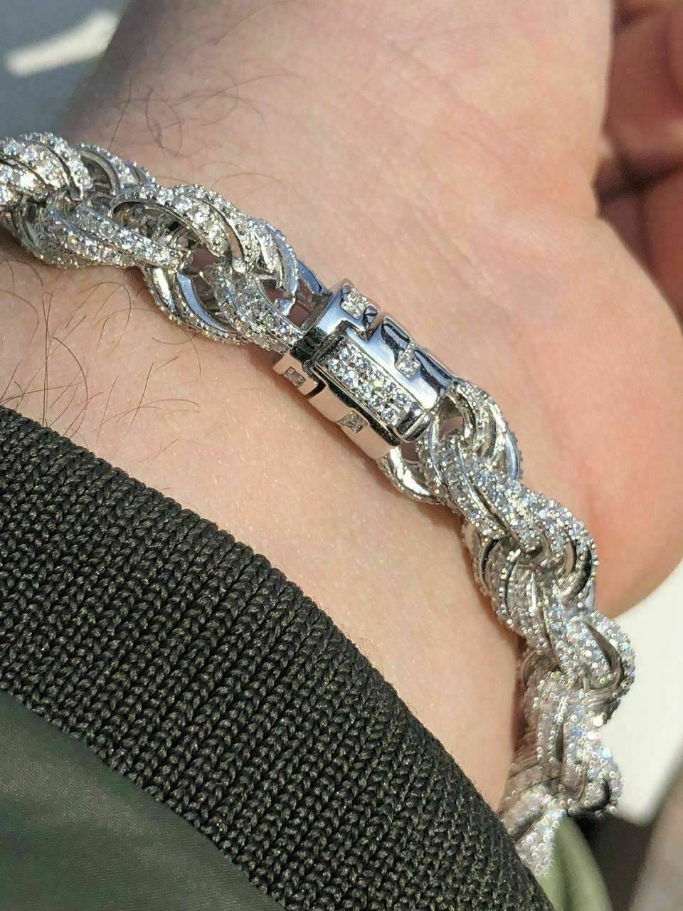 Men's 10mm Rope Bracelet Real Solid 925 Sterling Silver 20ct Diamonds Super ICY