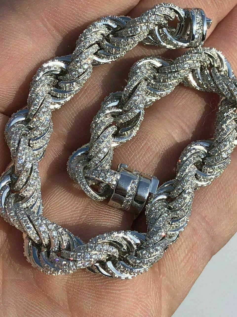 Men's 10mm Rope Bracelet Real Solid 925 Sterling Silver 20ct Diamonds Super ICY