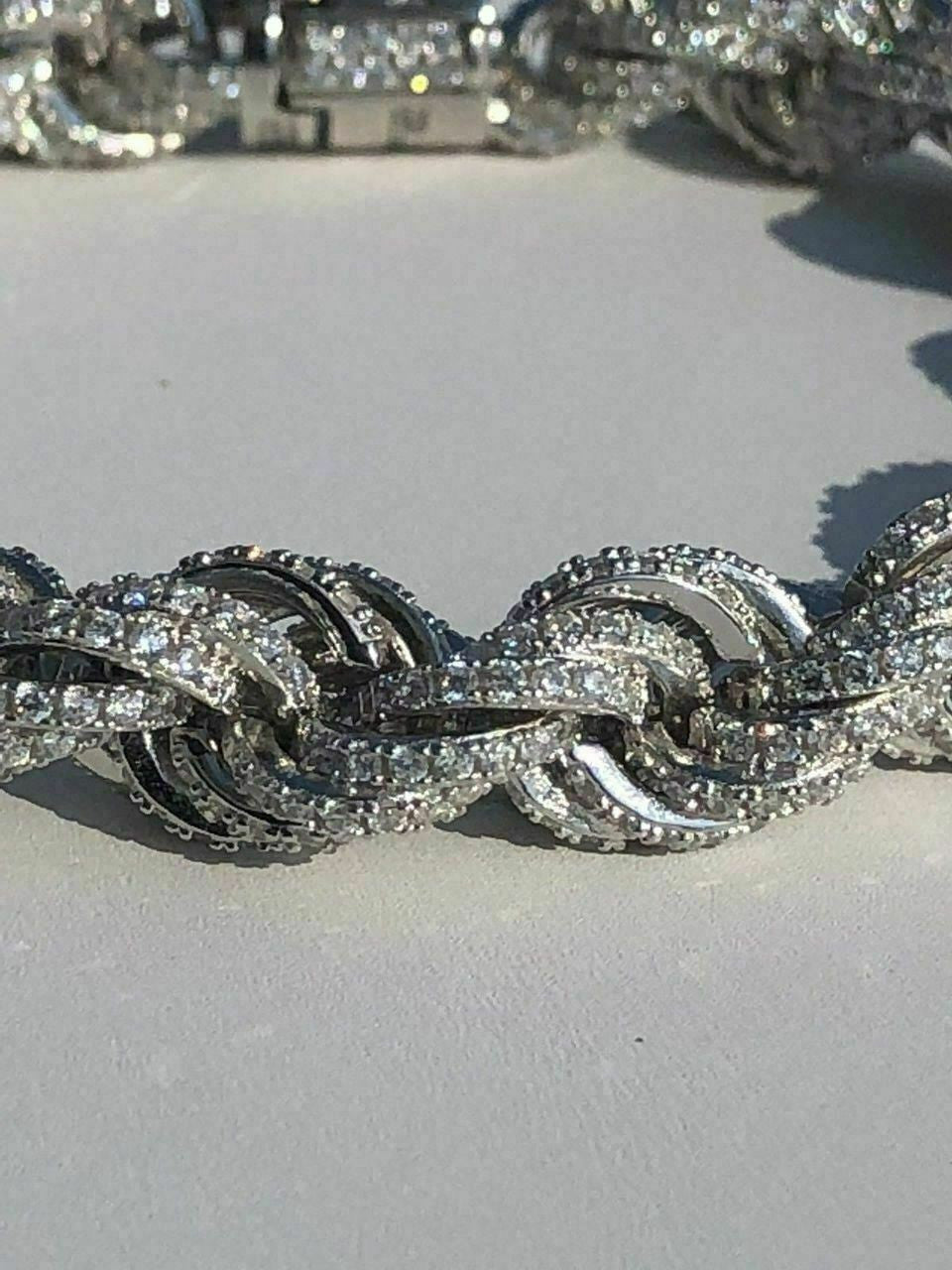 Men's 10mm Rope Bracelet Real Solid 925 Sterling Silver 20ct Diamonds Super ICY