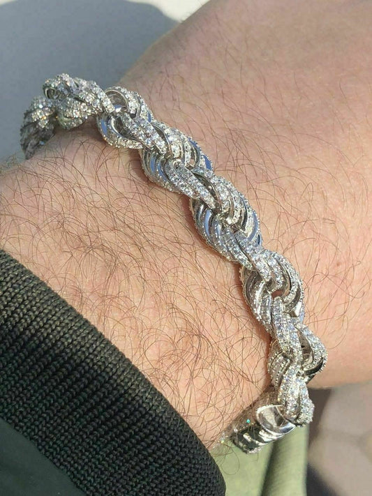 Men's 10mm Rope Bracelet Real Solid 925 Sterling Silver 20ct Diamonds Super ICY