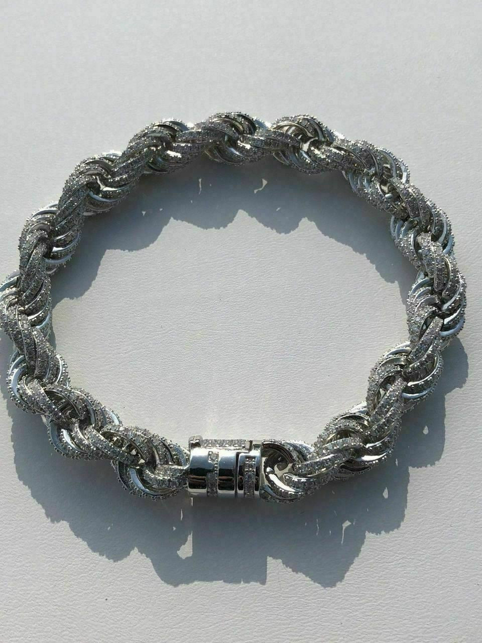 Men's 10mm Rope Bracelet Real Solid 925 Sterling Silver 20ct Diamonds Super ICY