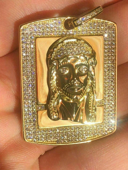 Mens Dog Tag Jesus Piece 1ct Simulated Diamond 14k Gold Over 925 Sterling Silver