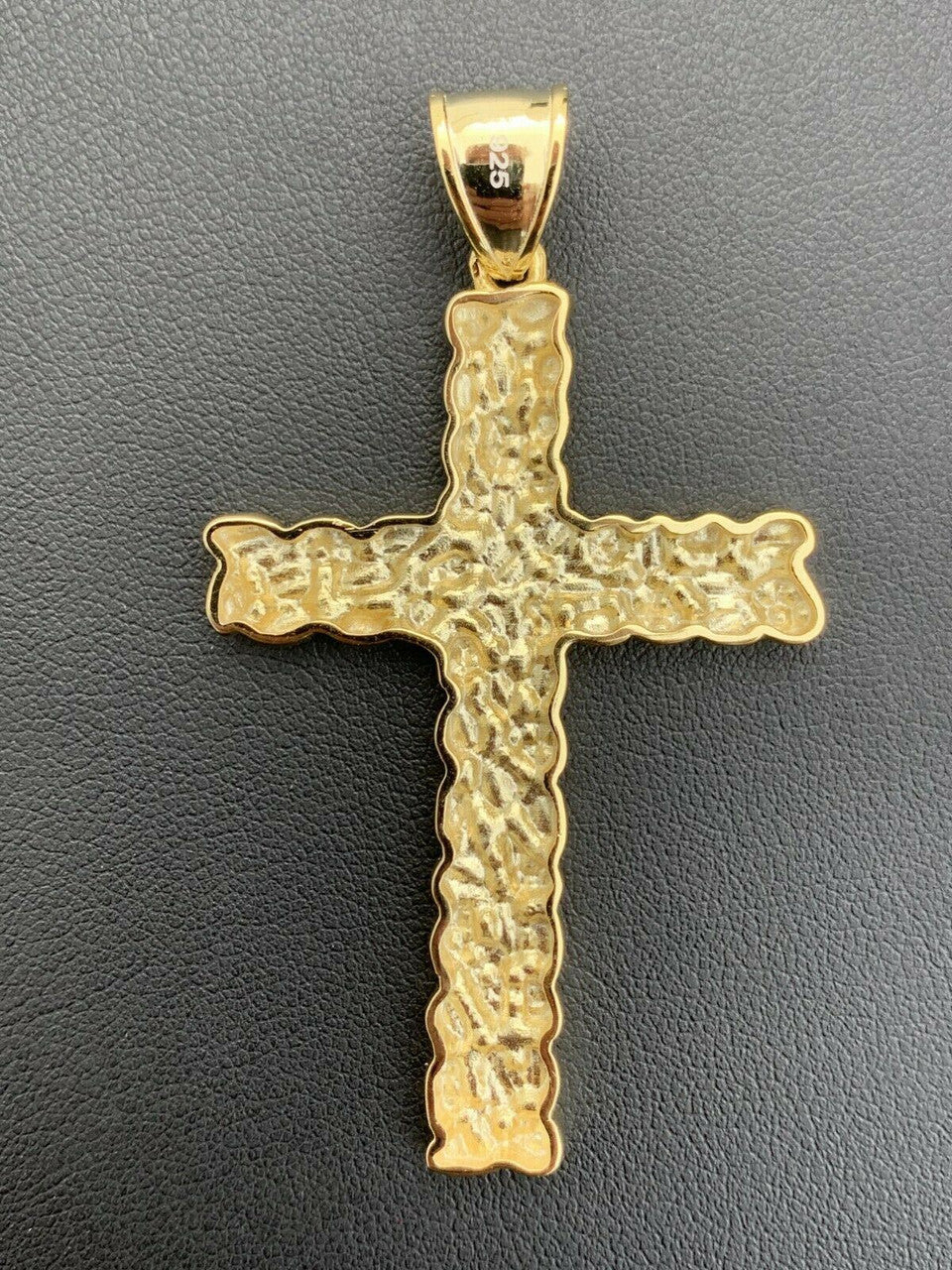 Mens Large 2.25" Gold Nugget Cross 14k Gold Over Solid 925 Silver Necklace Chain