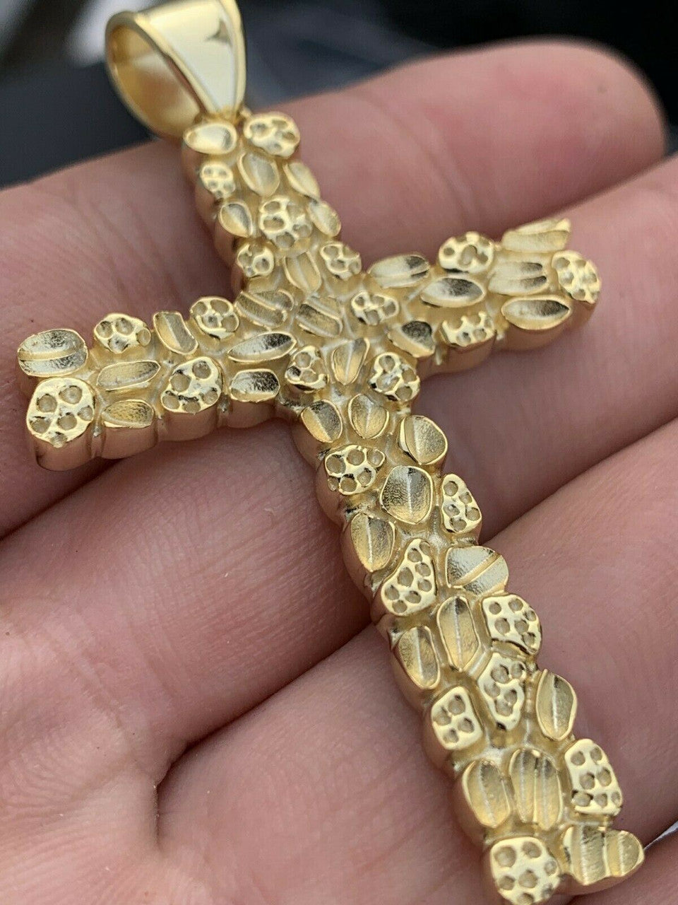 Mens Large 2.25" Gold Nugget Cross 14k Gold Over Solid 925 Silver Necklace Chain