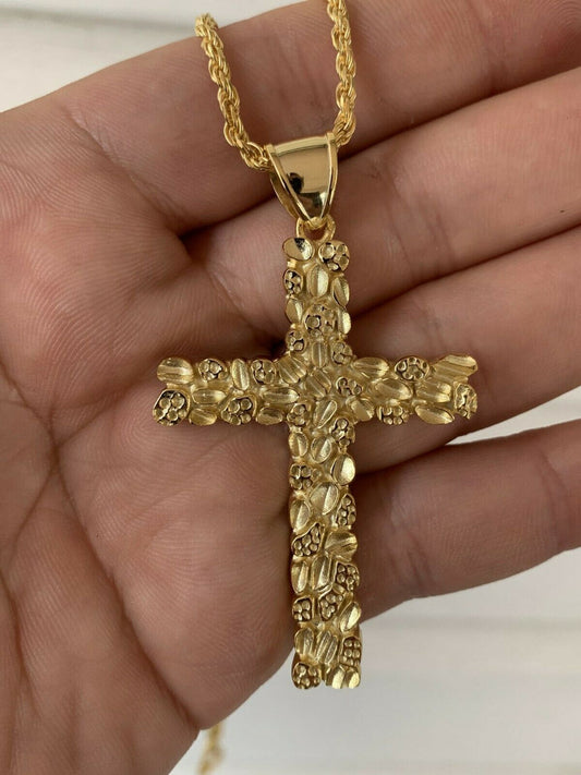 Mens Large 2.25" Gold Nugget Cross 14k Gold Over Solid 925 Silver Necklace Chain