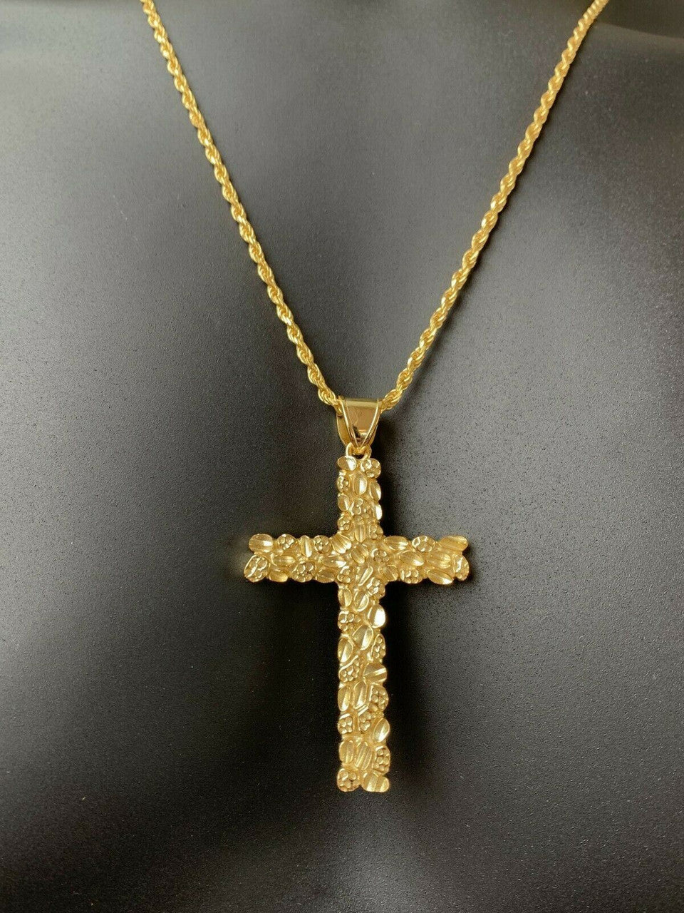 Mens Large 2.25" Gold Nugget Cross 14k Gold Over Solid 925 Silver Necklace Chain