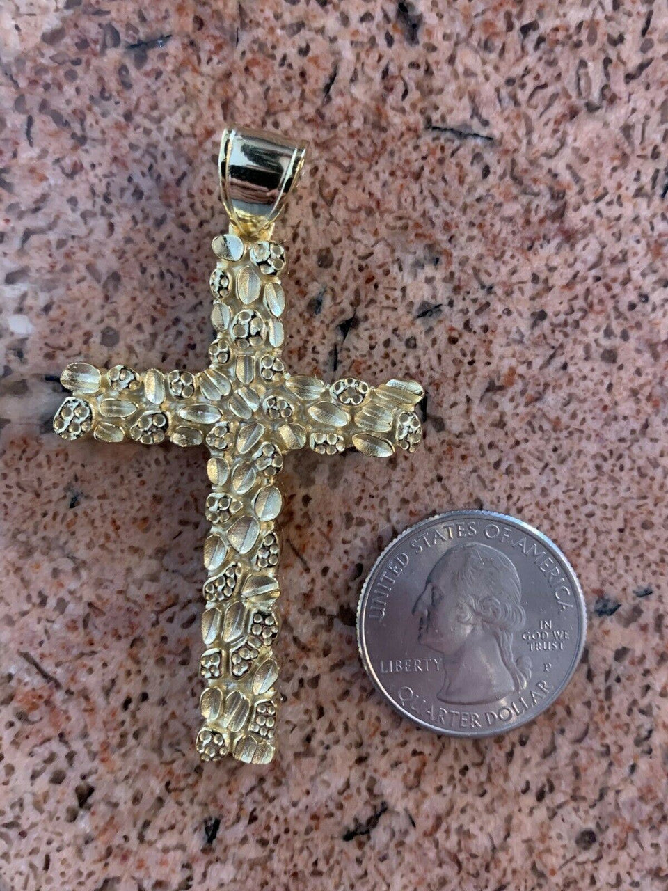 Mens Large 2.25" Gold Nugget Cross 14k Gold Over Solid 925 Silver Necklace Chain