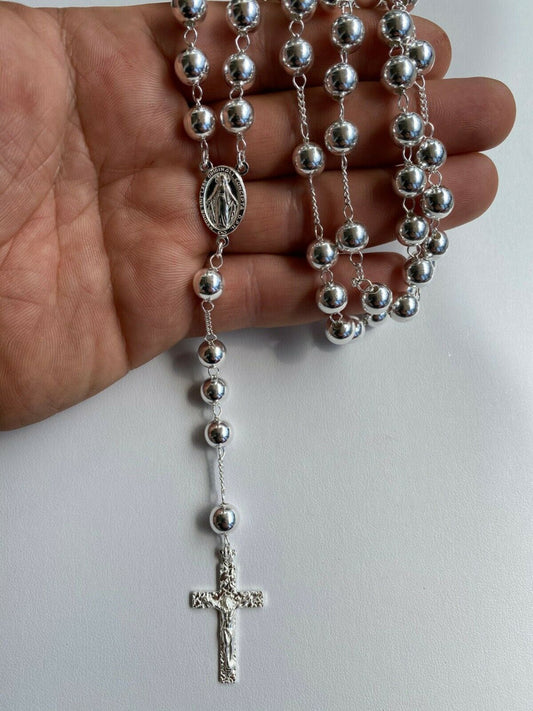 Men's Large Rosary Beads Necklace Solid 925 Sterling Silver Rosario ITALY 8mm