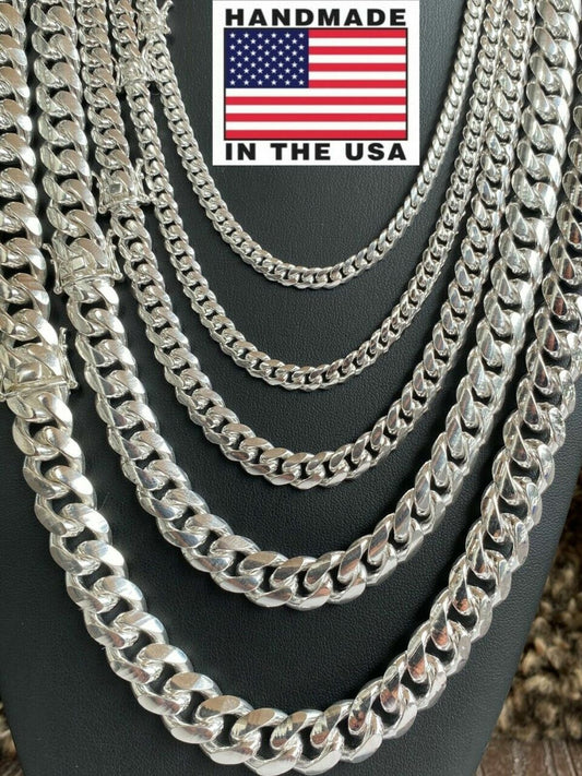 Men's Miami Cuban Link Chain Silver Or Bracelet 5-14mm Box Clasp