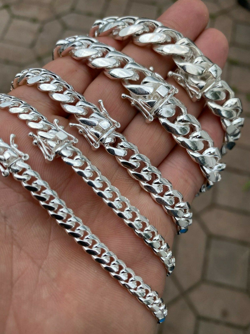 Men's Miami Cuban Link Chain Silver Or Bracelet 5-14mm Box Clasp