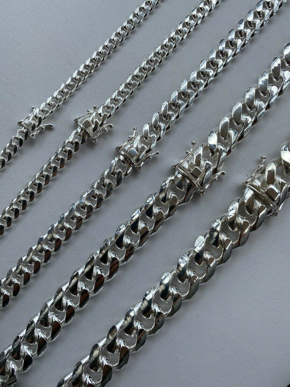 Men's Miami Cuban Link Chain Silver Or Bracelet 5-14mm Box Clasp