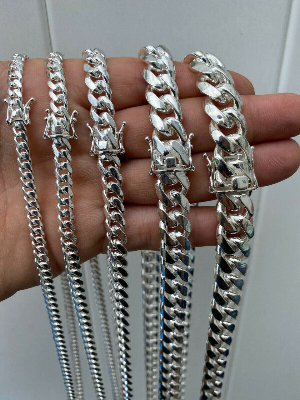 Men's Miami Cuban Link Chain Silver Or Bracelet 5-14mm Box Clasp