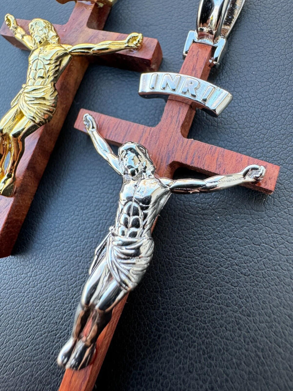 Mens Real 925 Silver & Red Cherry Walnut Wood Jesus On Cross Pendant Necklace 2"