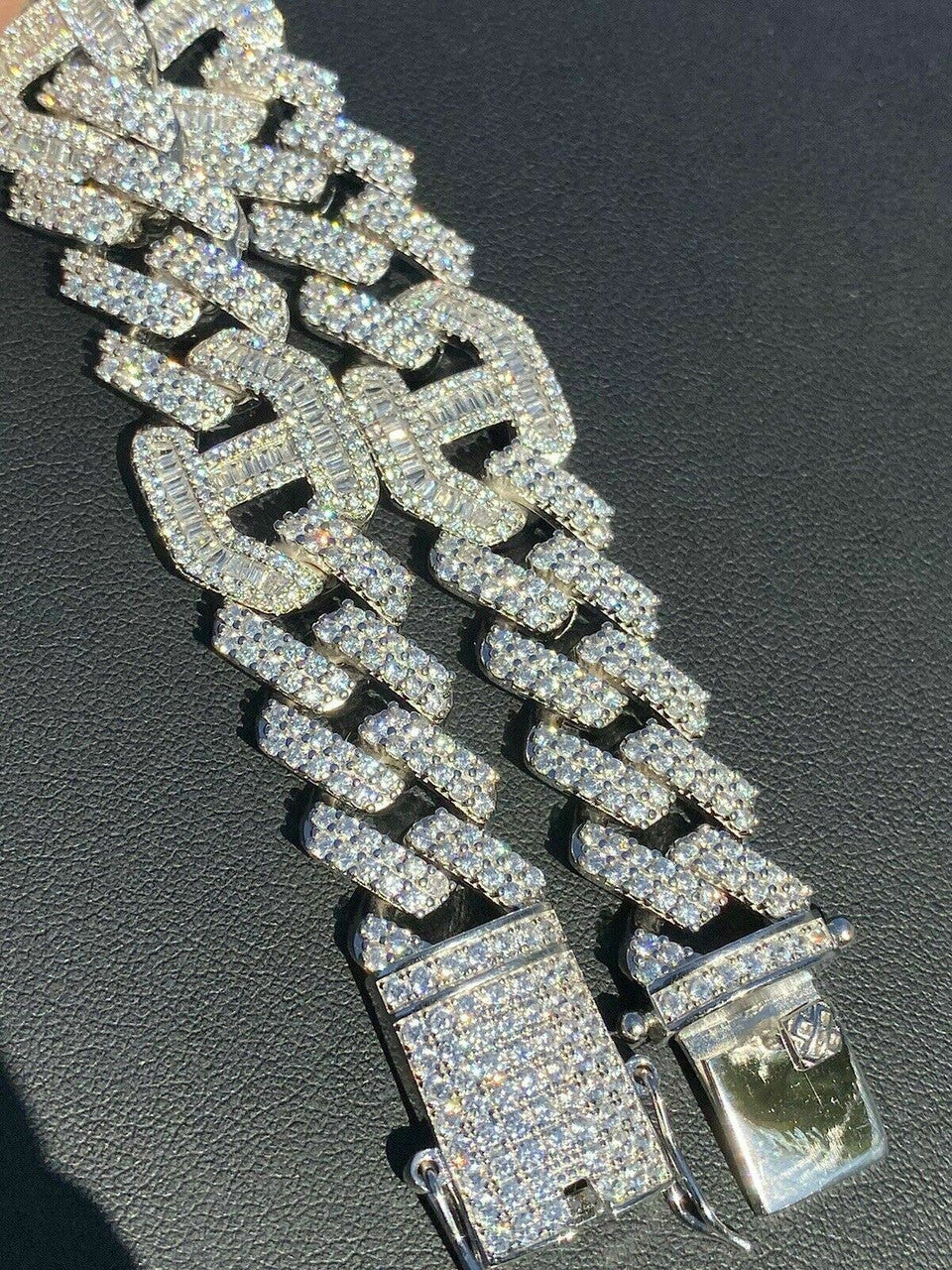 Mens Real Solid 925 Silver Baguette Cuban Prong Gucci Link Bracelet