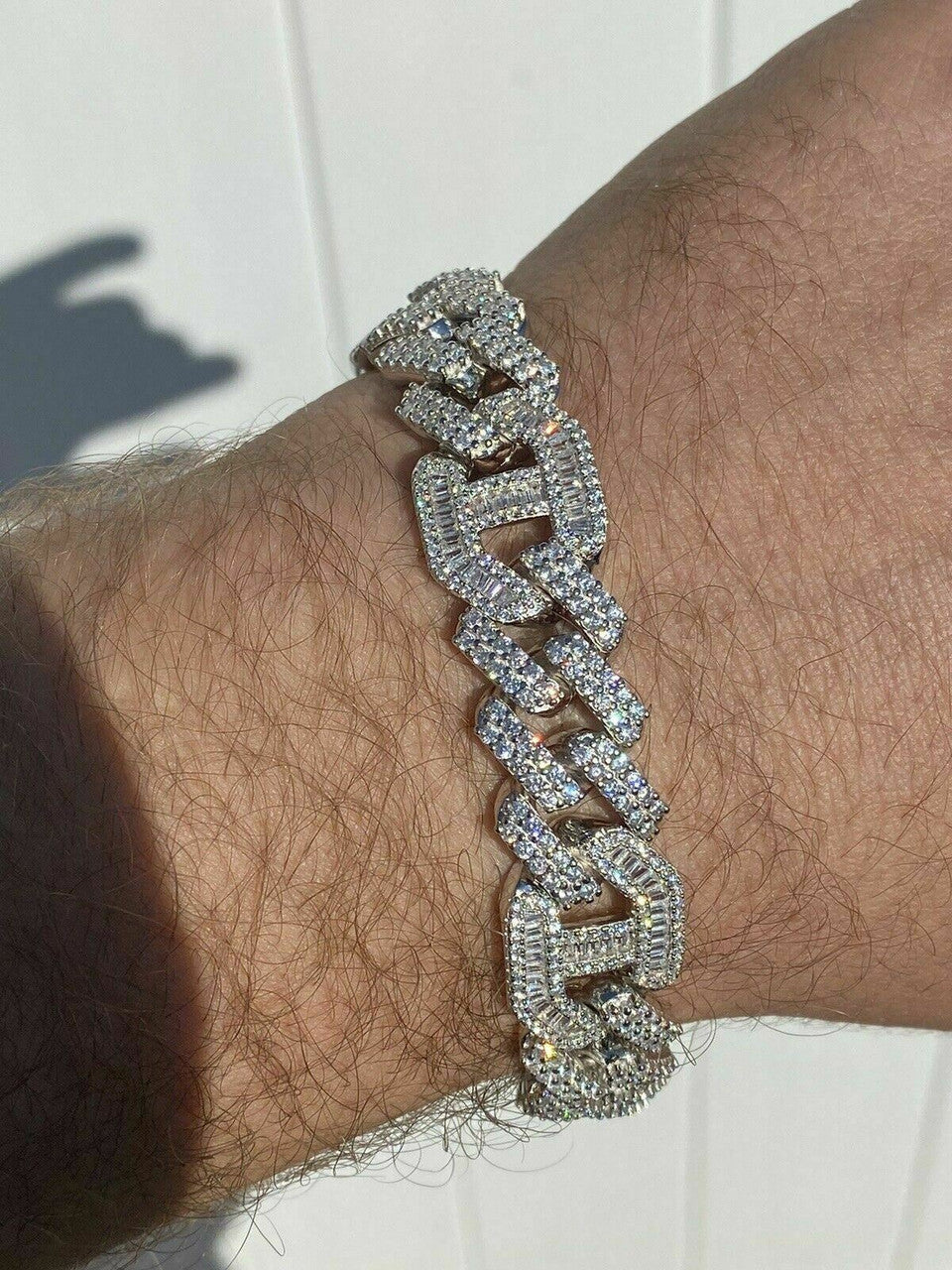 Mens Real Solid 925 Silver Baguette Cuban Prong Gucci Link Bracelet