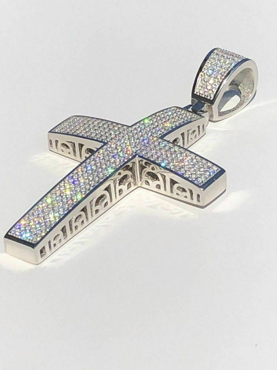 Men’s Real Solid 925 Silver Large Iced Cross 3ct Diamonds 2x1.5” Pendant