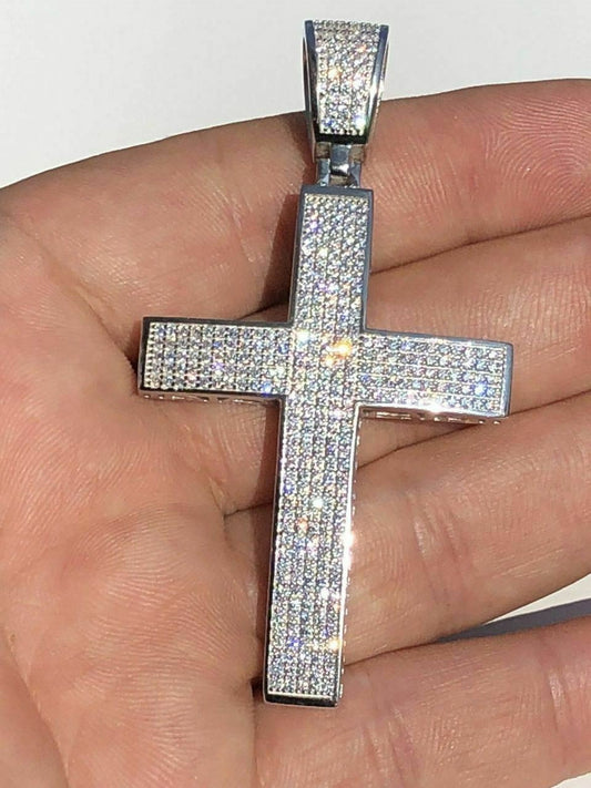 Men’s Real Solid 925 Silver Large Iced Cross 3ct Diamonds 2x1.5” Pendant