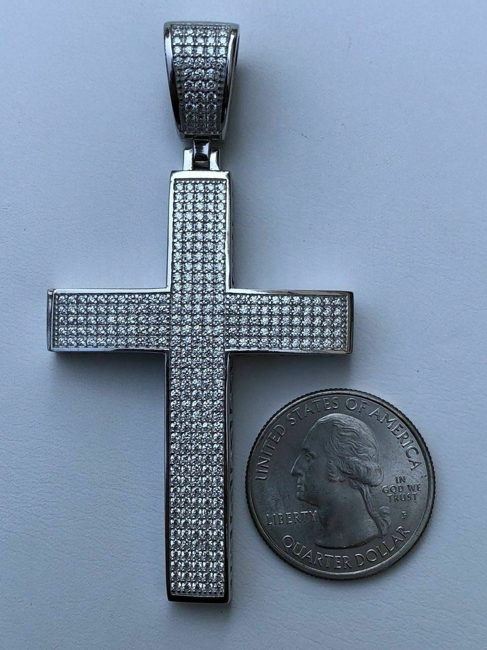 Men’s Real Solid 925 Silver Large Iced Cross 3ct Diamonds 2x1.5” Pendant