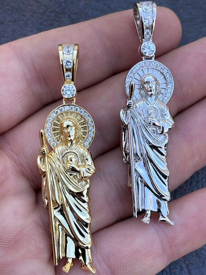 Men's Real Solid 925 Sterling Silver / Gold St Jude San Judas Tadeo Iced Pendant