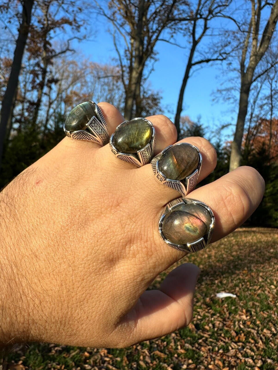 Mens Real Solid 925 Sterling Silver Labradorite Natural Gemstone Ring Sizes 6-13