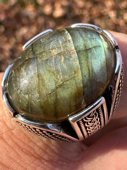 Mens Real Solid 925 Sterling Silver Labradorite Natural Gemstone Ring Sizes 6-13