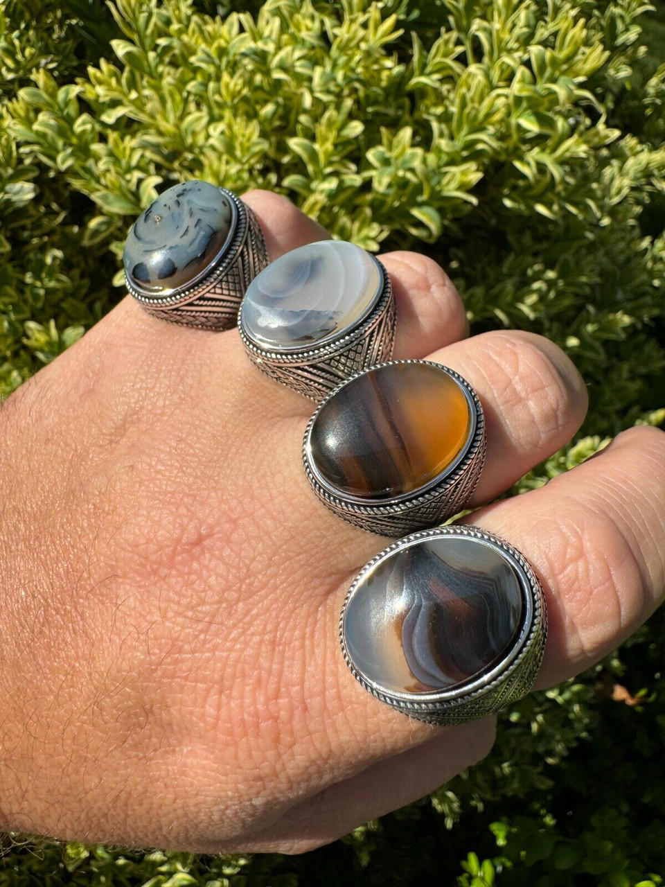 Mens Real Solid 925 Sterling Silver Natural Agate Gemstone Handmade Ring Sz 6-13