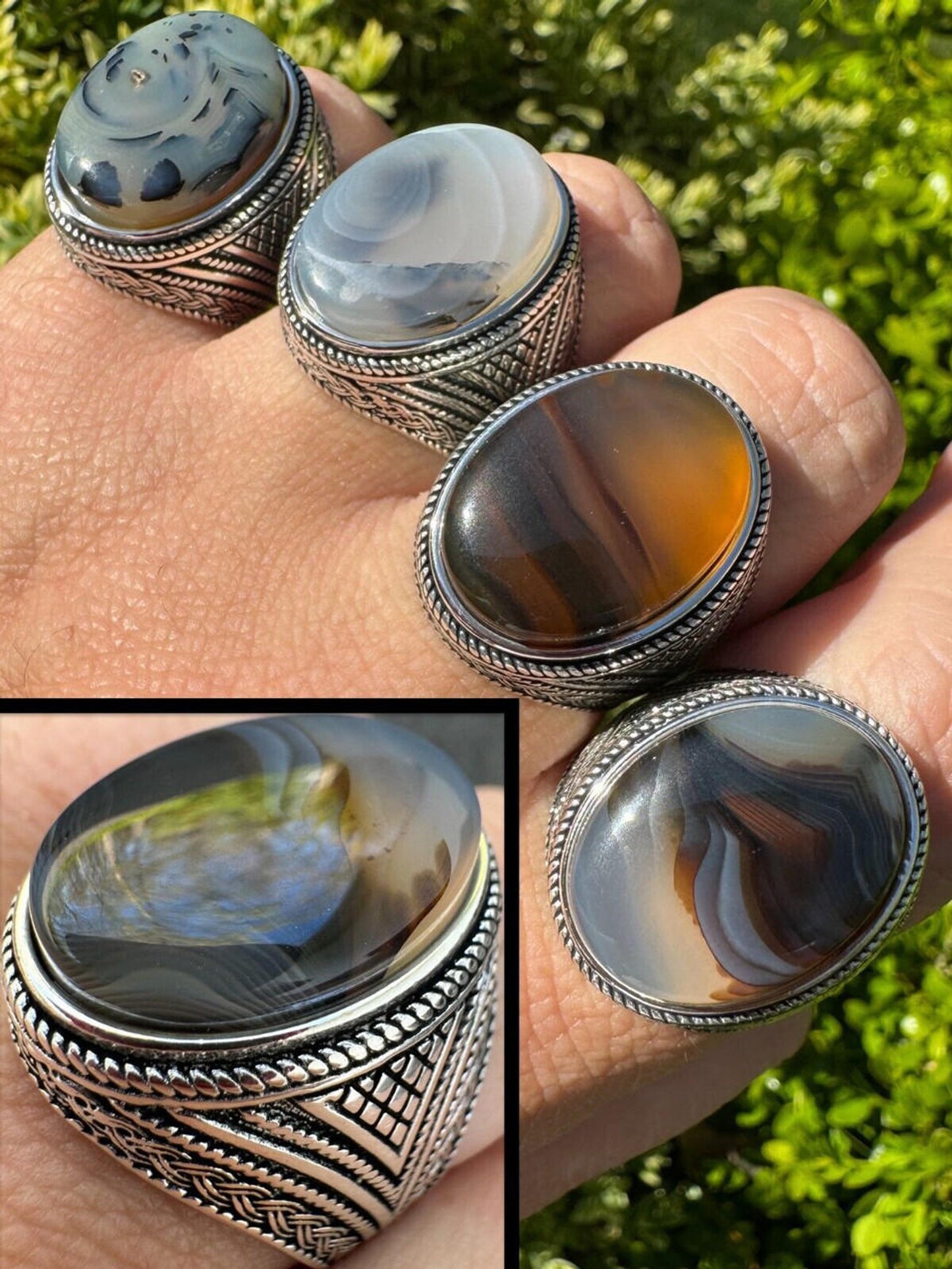 Mens Real Solid 925 Sterling Silver Natural Agate Gemstone Handmade Ring Sz 6-13